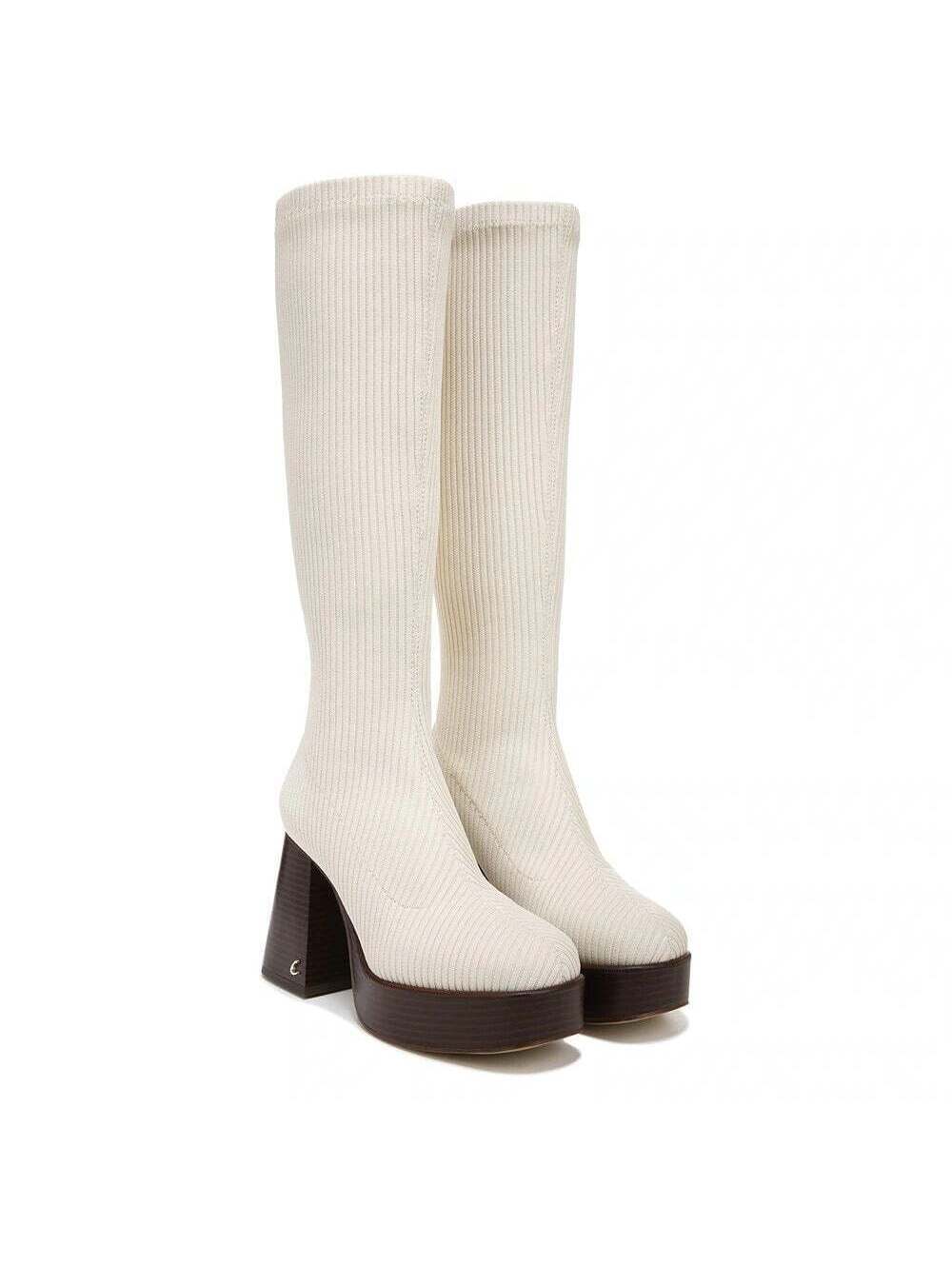 Women's Sam Edelman Circus fabric go go boots white w/ brown heel brand new